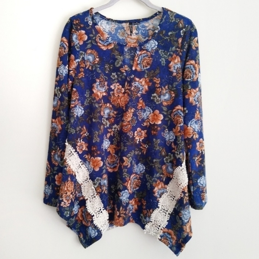 New Directions floral tunic top lace‎ blue orange